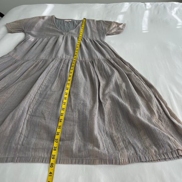 Pink Chicken Tiered V-Neck Neutral Metallic Striped Mini Dress, Size Small - Picture 5 of 11